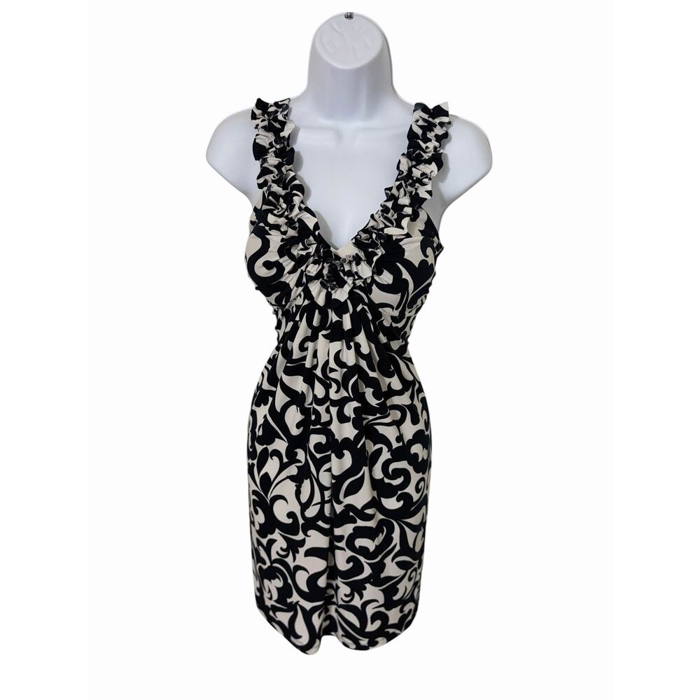 En Focus Studio Black White Print Dress Size 8 Ruffle Neck Sleeveless Midi